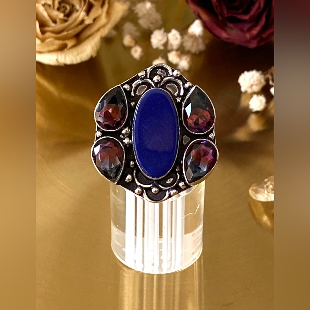 Lapis Lazuli And Bicolor Tourmaline Ring Size 7.5